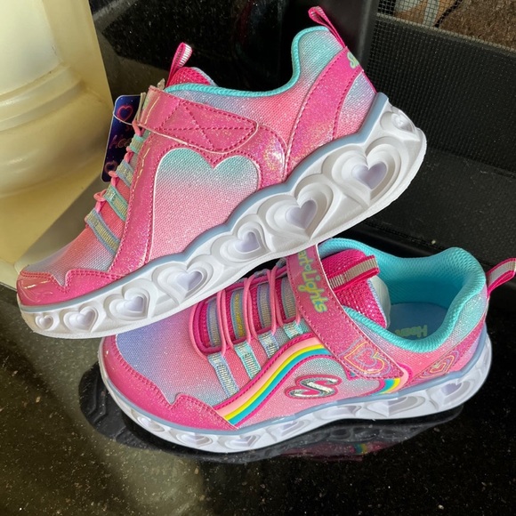 Sketchers Heart Light Up Shoes Pink Glittery Sneakers White Sole - Picture 6 of 16
